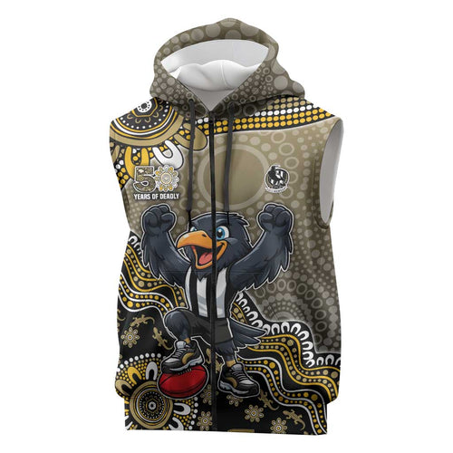 Personalized Magpies Football Mascot Sleeveless Zip Hoodie Aboriginal Dot Art Style Vibrant Indigenous Pattern Design