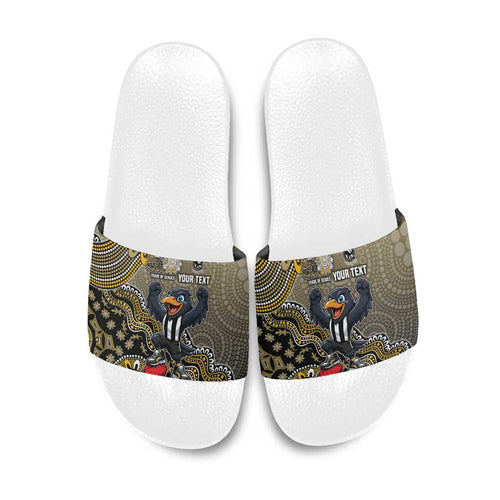 Personalized Magpies Football Mascot Slide Sandals Aboriginal Dot Art Style Vibrant Indigenous Pattern Design