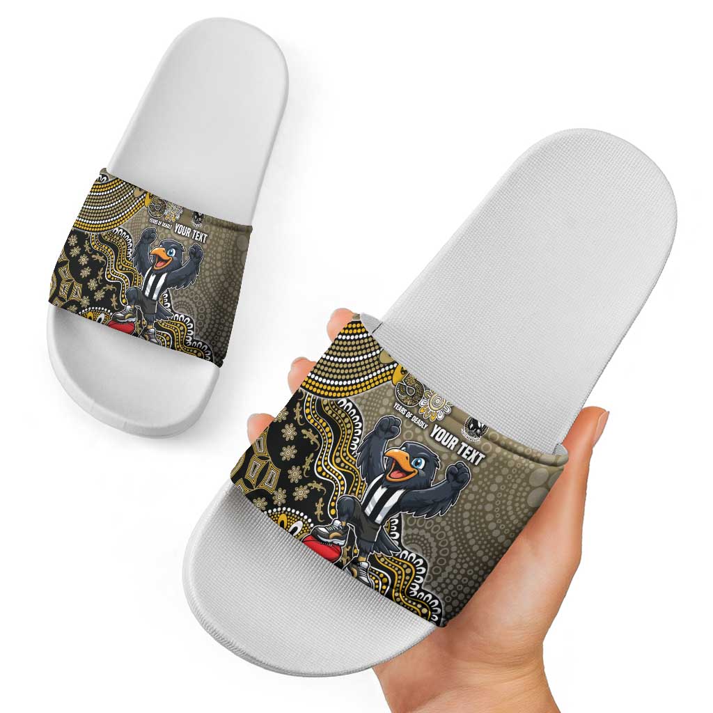 Personalized Magpies Football Mascot Slide Sandals Aboriginal Dot Art Style Vibrant Indigenous Pattern Design