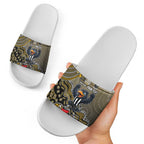 Personalized Magpies Football Mascot Slide Sandals Aboriginal Dot Art Style Vibrant Indigenous Pattern Design