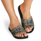 Personalized Magpies Football Mascot Slide Sandals Aboriginal Dot Art Style Vibrant Indigenous Pattern Design