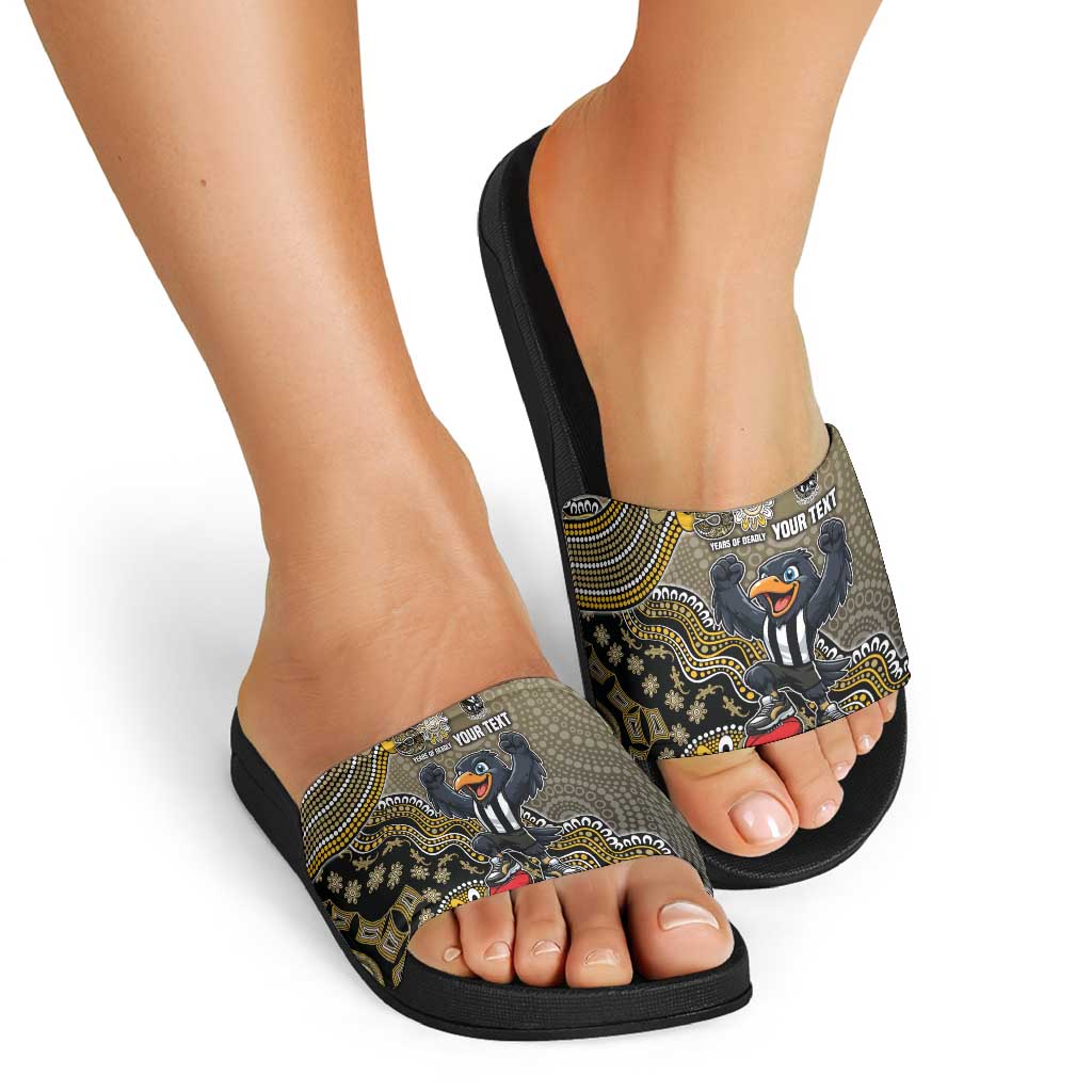 Personalized Magpies Football Mascot Slide Sandals Aboriginal Dot Art Style Vibrant Indigenous Pattern Design
