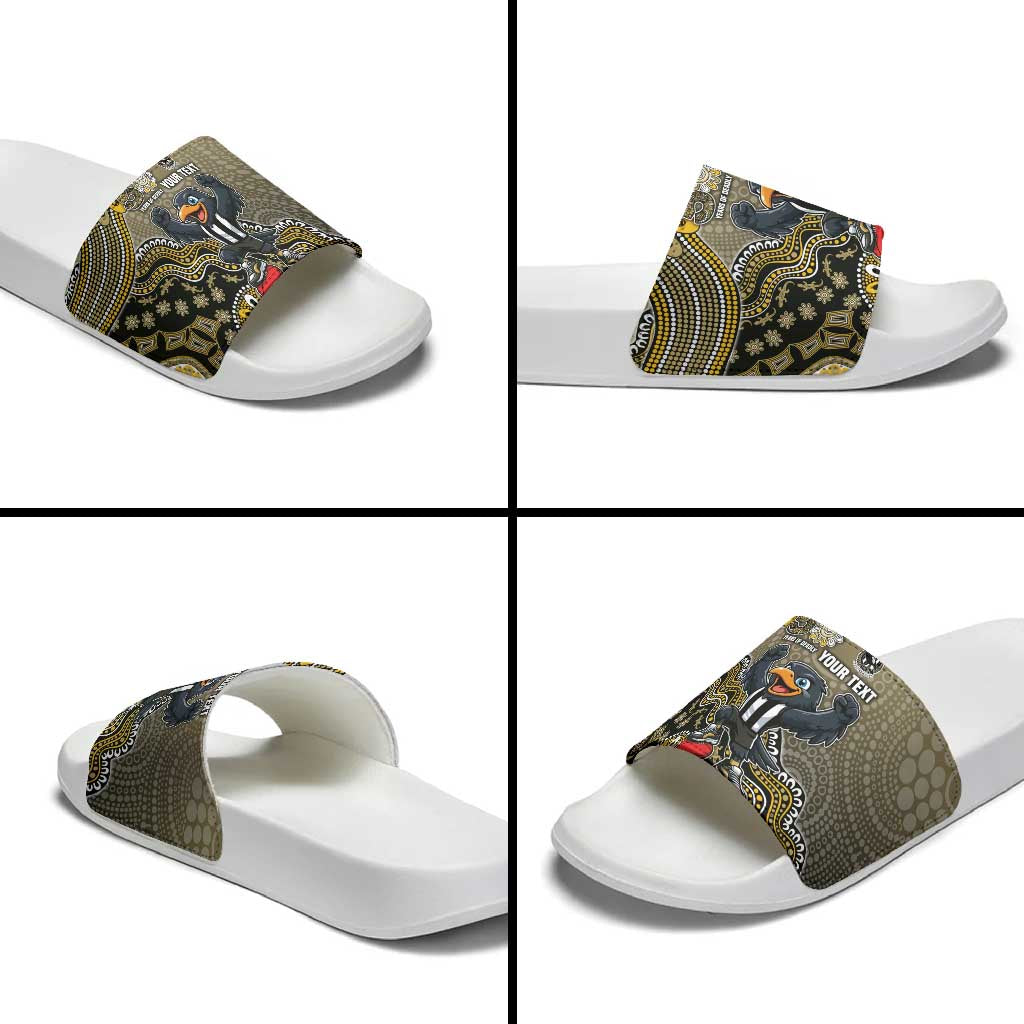 Personalized Magpies Football Mascot Slide Sandals Aboriginal Dot Art Style Vibrant Indigenous Pattern Design