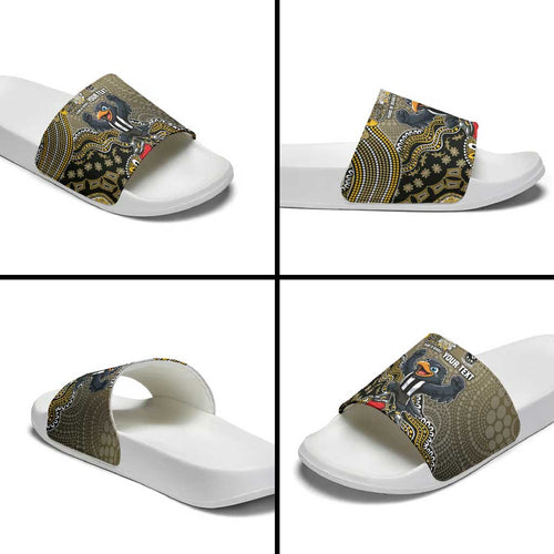 Personalized Magpies Football Mascot Slide Sandals Aboriginal Dot Art Style Vibrant Indigenous Pattern Design