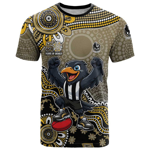 Personalized Magpies Football Mascot T Shirt Aboriginal Dot Art Style Vibrant Indigenous Pattern Design