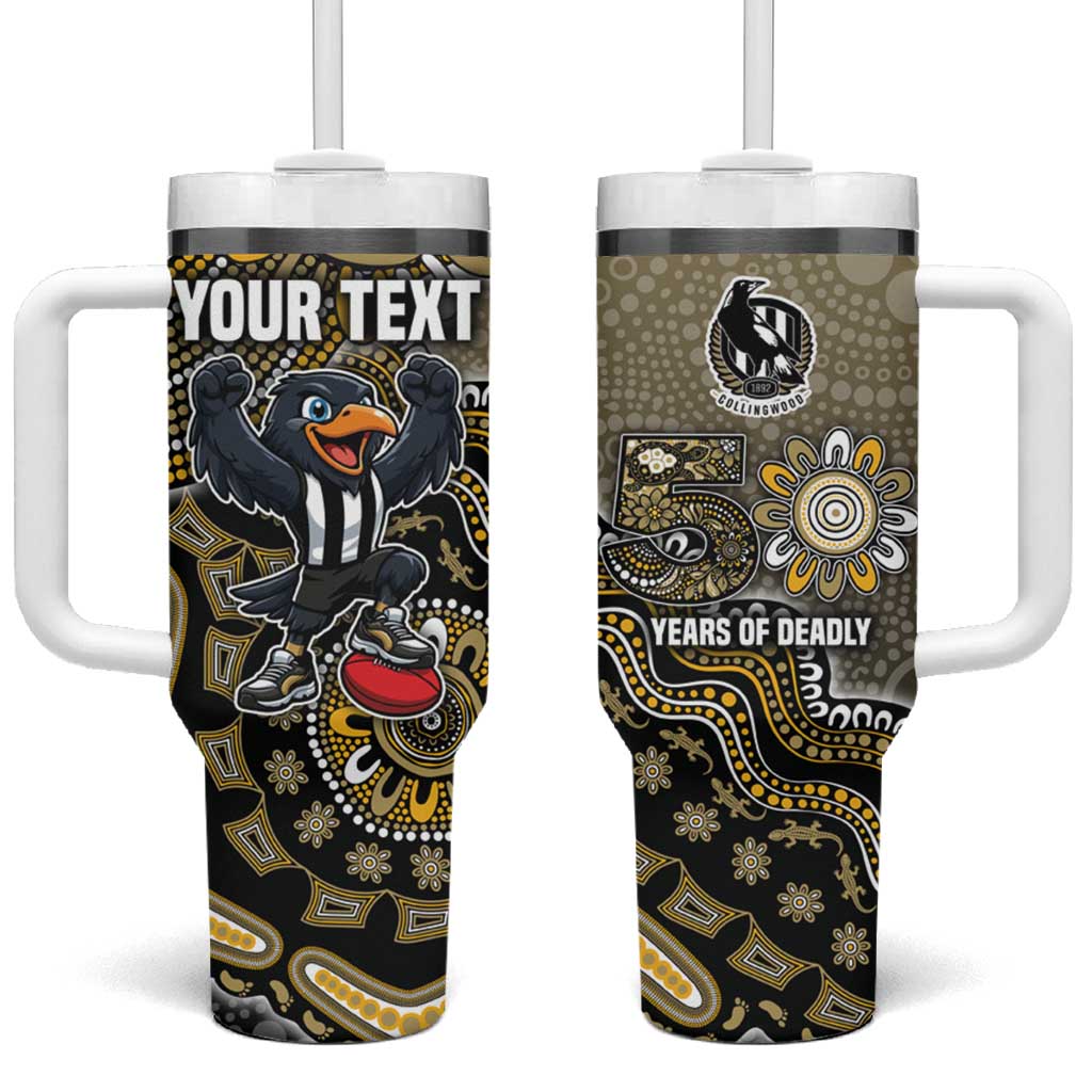 Personalized Magpies Football Mascot Tumbler With Handle Aboriginal Dot Art Style Vibrant Indigenous Pattern Design