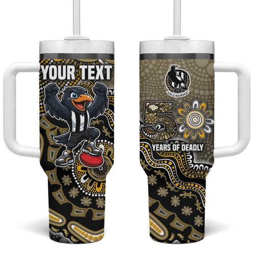 Personalized Magpies Football Mascot Tumbler With Handle Aboriginal Dot Art Style Vibrant Indigenous Pattern Design