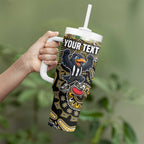 Personalized Magpies Football Mascot Tumbler With Handle Aboriginal Dot Art Style Vibrant Indigenous Pattern Design