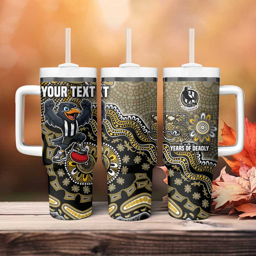 Personalized Magpies Football Mascot Tumbler With Handle Aboriginal Dot Art Style Vibrant Indigenous Pattern Design