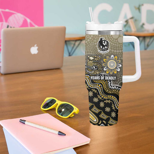 Personalized Magpies Football Mascot Tumbler With Handle Aboriginal Dot Art Style Vibrant Indigenous Pattern Design