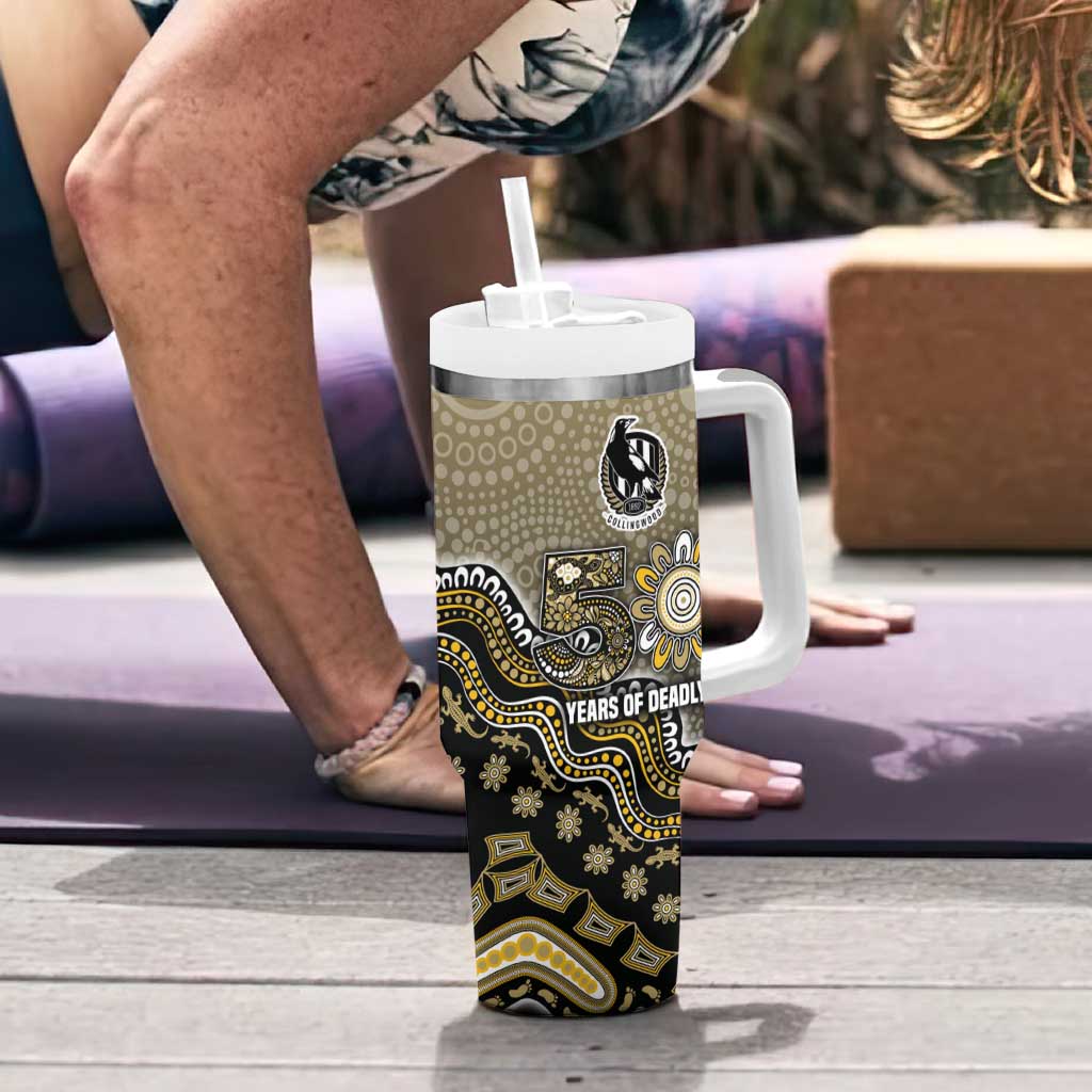 Personalized Magpies Football Mascot Tumbler With Handle Aboriginal Dot Art Style Vibrant Indigenous Pattern Design