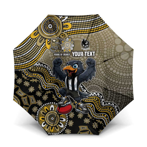 Personalized Magpies Football Mascot Umbrella Aboriginal Dot Art Style Vibrant Indigenous Pattern Design