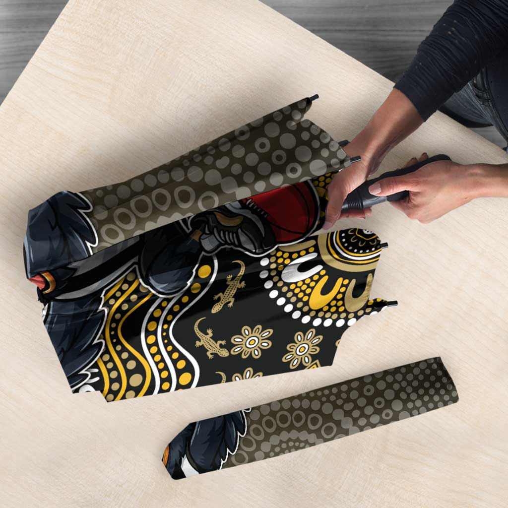 Personalized Magpies Football Mascot Umbrella Aboriginal Dot Art Style Vibrant Indigenous Pattern Design
