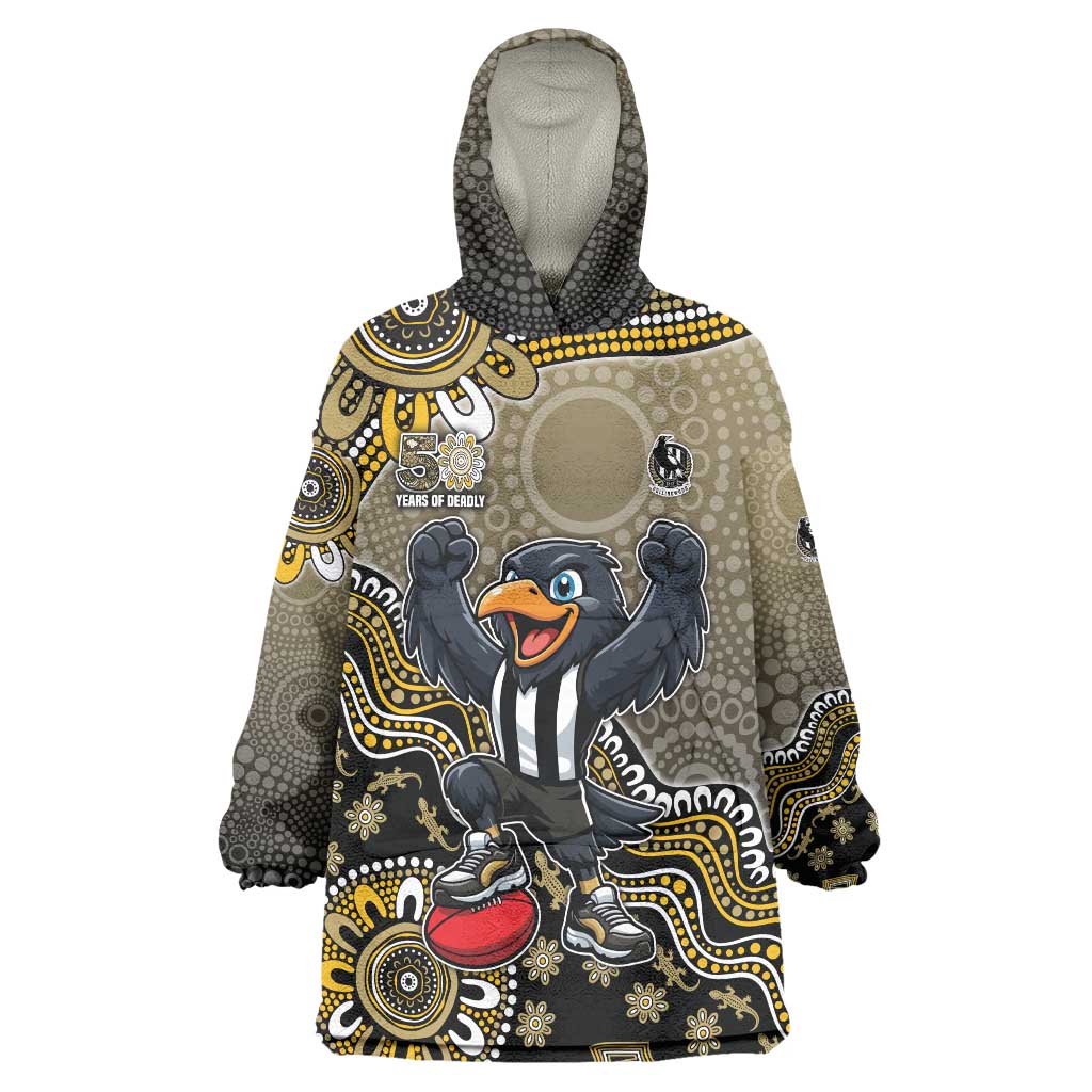 Personalized Magpies Football Mascot Wearable Blanket Hoodie Aboriginal Dot Art Style Vibrant Indigenous Pattern Design