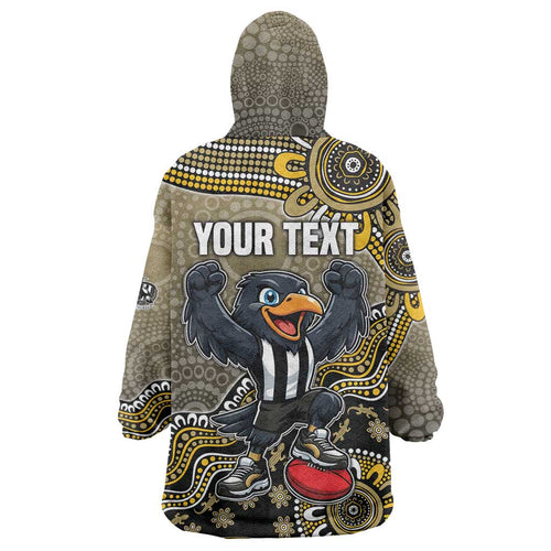 Personalized Magpies Football Mascot Wearable Blanket Hoodie Aboriginal Dot Art Style Vibrant Indigenous Pattern Design