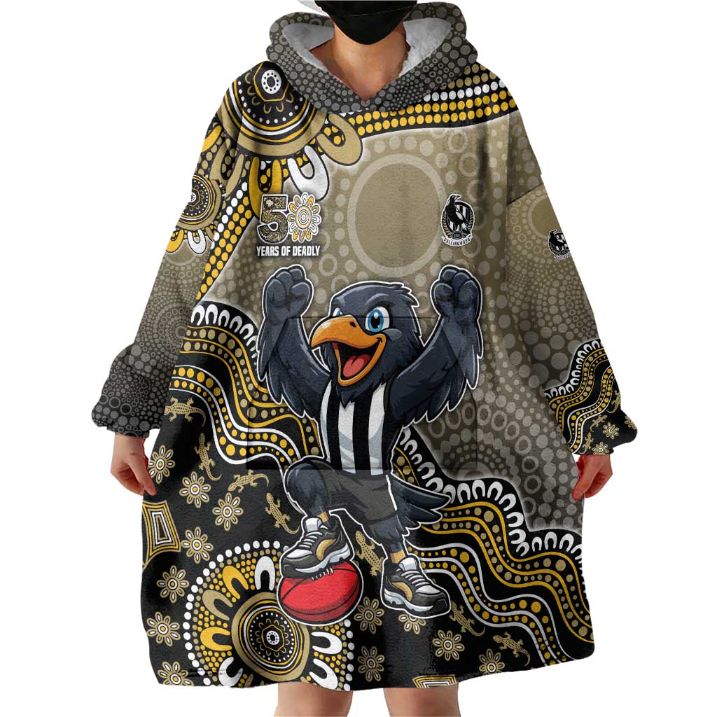 Personalized Magpies Football Mascot Wearable Blanket Hoodie Aboriginal Dot Art Style Vibrant Indigenous Pattern Design