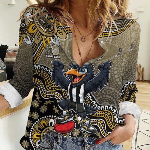 Personalized Magpies Football Mascot Women Casual Shirt Aboriginal Dot Art Style Vibrant Indigenous Pattern Design