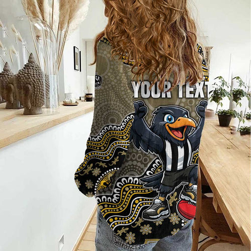Personalized Magpies Football Mascot Women Casual Shirt Aboriginal Dot Art Style Vibrant Indigenous Pattern Design