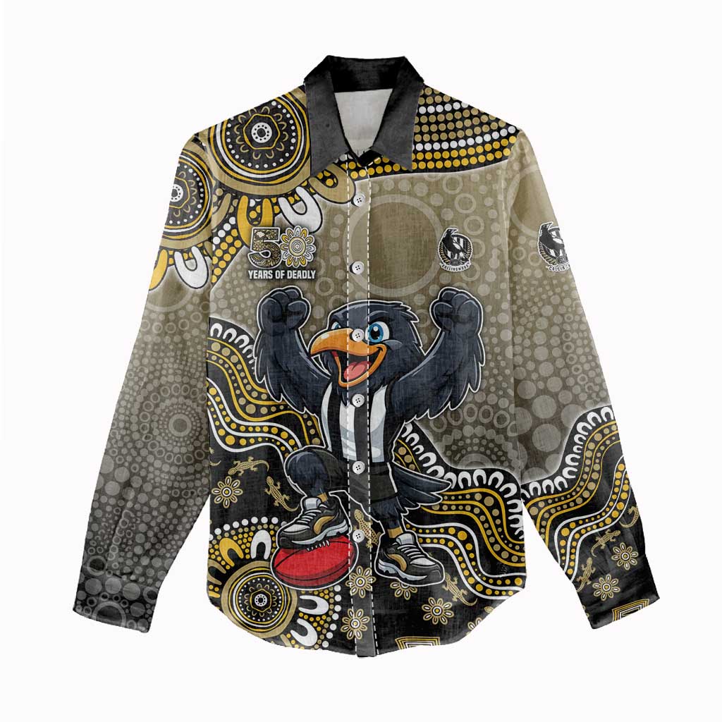 Personalized Magpies Football Mascot Women Casual Shirt Aboriginal Dot Art Style Vibrant Indigenous Pattern Design