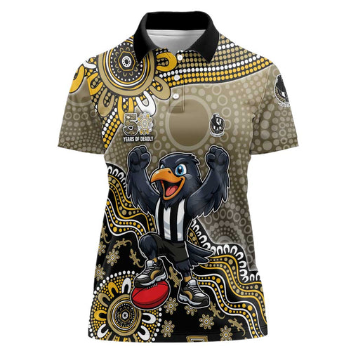 Personalized Magpies Football Mascot Women Polo Shirt Aboriginal Dot Art Style Vibrant Indigenous Pattern Design