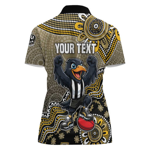 Personalized Magpies Football Mascot Women Polo Shirt Aboriginal Dot Art Style Vibrant Indigenous Pattern Design
