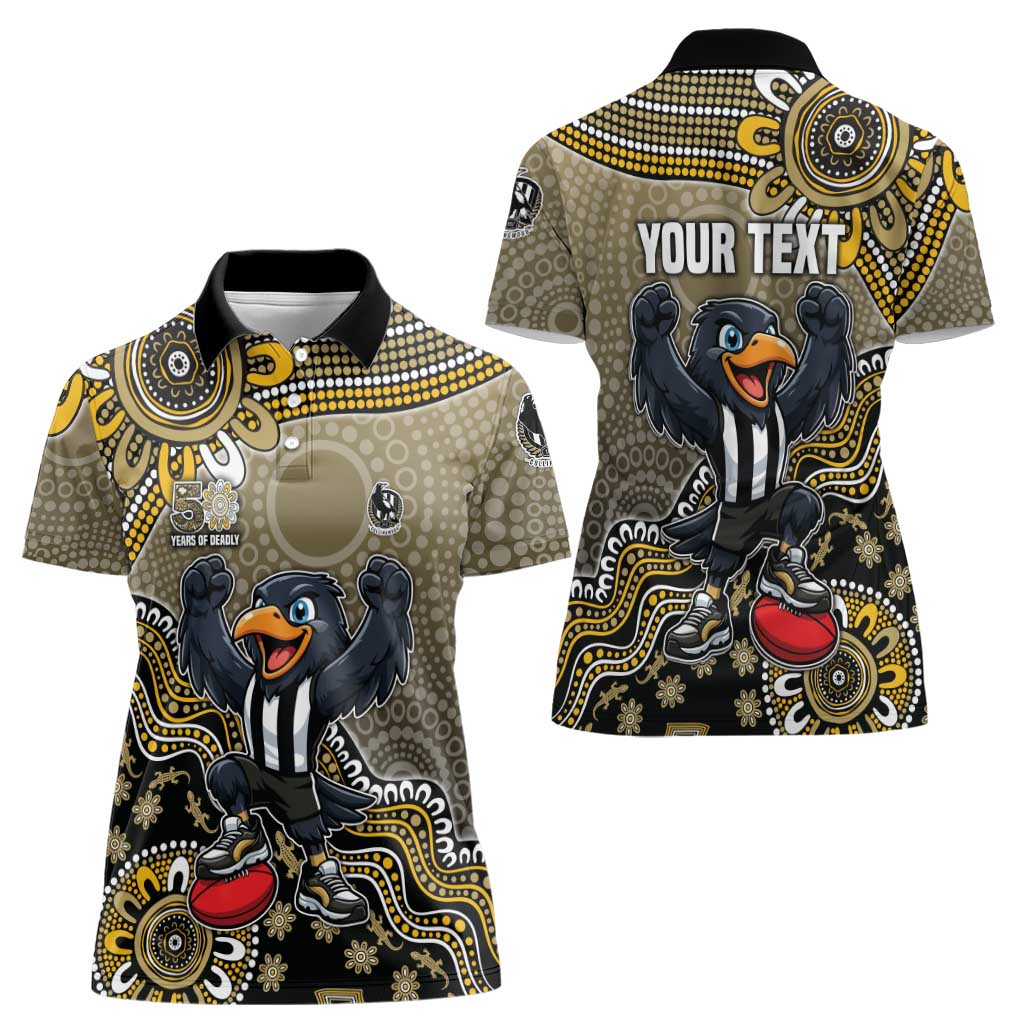 Personalized Magpies Football Mascot Women Polo Shirt Aboriginal Dot Art Style Vibrant Indigenous Pattern Design