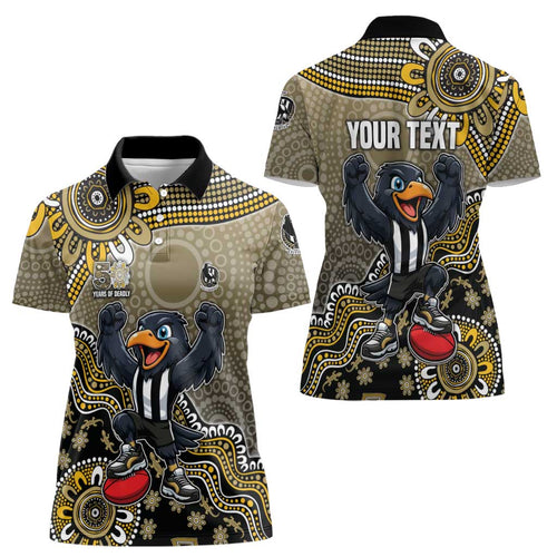 Personalized Magpies Football Mascot Women Polo Shirt Aboriginal Dot Art Style Vibrant Indigenous Pattern Design