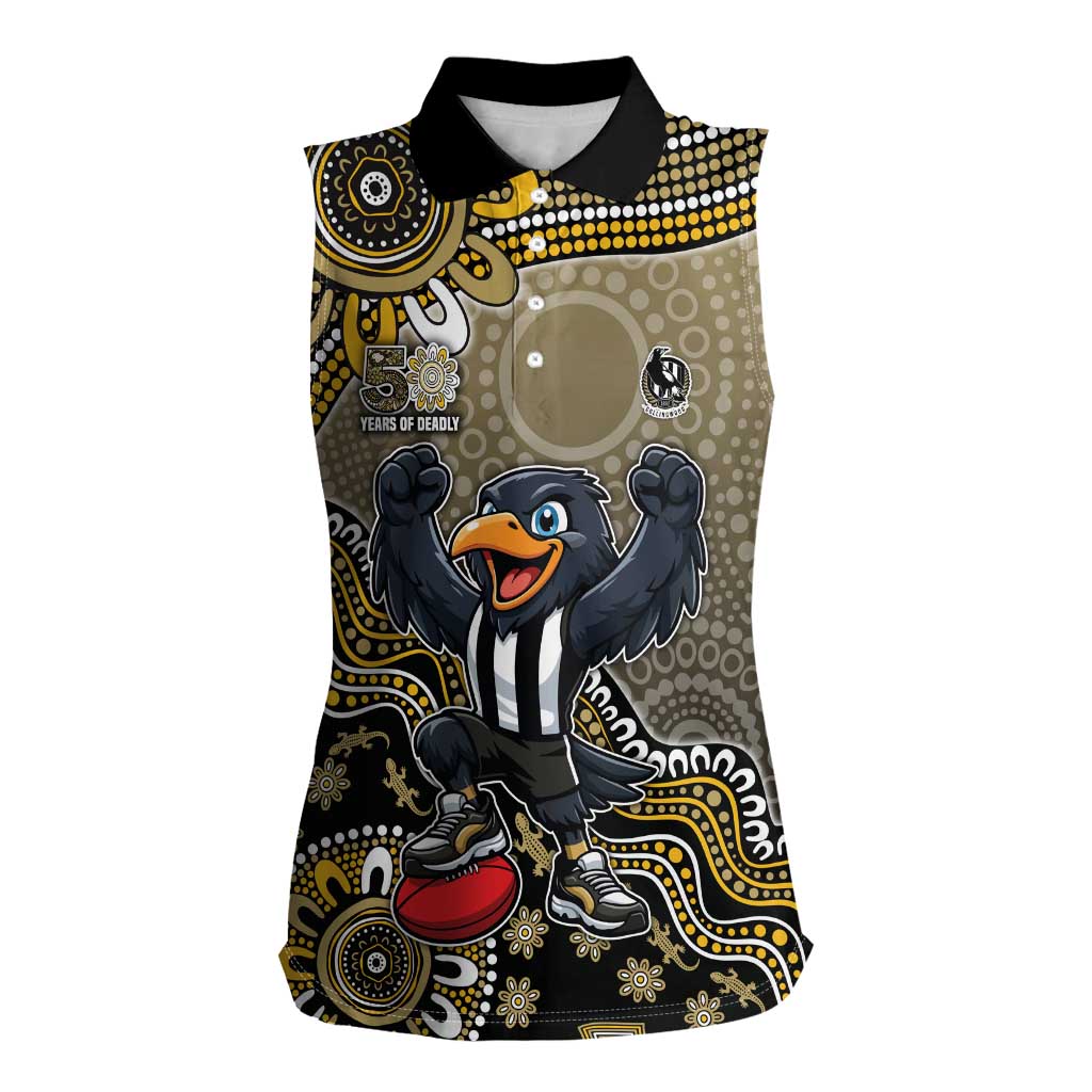Personalized Magpies Football Mascot Women Sleeveless Polo Shirt Aboriginal Dot Art Style Vibrant Indigenous Pattern Design