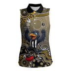 Personalized Magpies Football Mascot Women Sleeveless Polo Shirt Aboriginal Dot Art Style Vibrant Indigenous Pattern Design