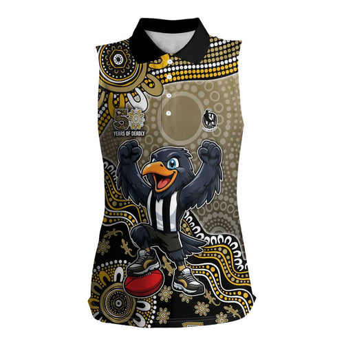 Personalized Magpies Football Mascot Women Sleeveless Polo Shirt Aboriginal Dot Art Style Vibrant Indigenous Pattern Design