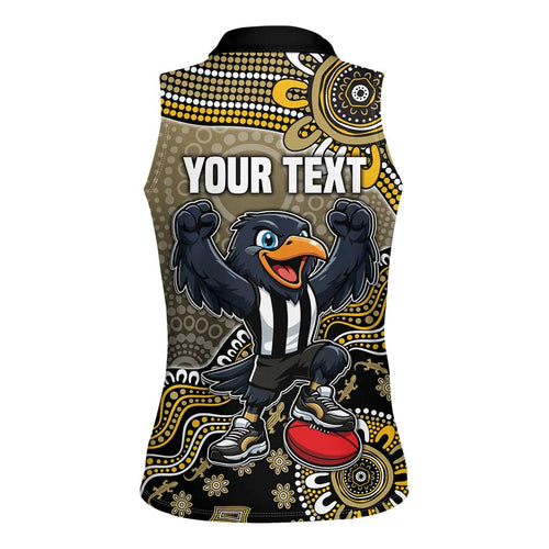Personalized Magpies Football Mascot Women Sleeveless Polo Shirt Aboriginal Dot Art Style Vibrant Indigenous Pattern Design