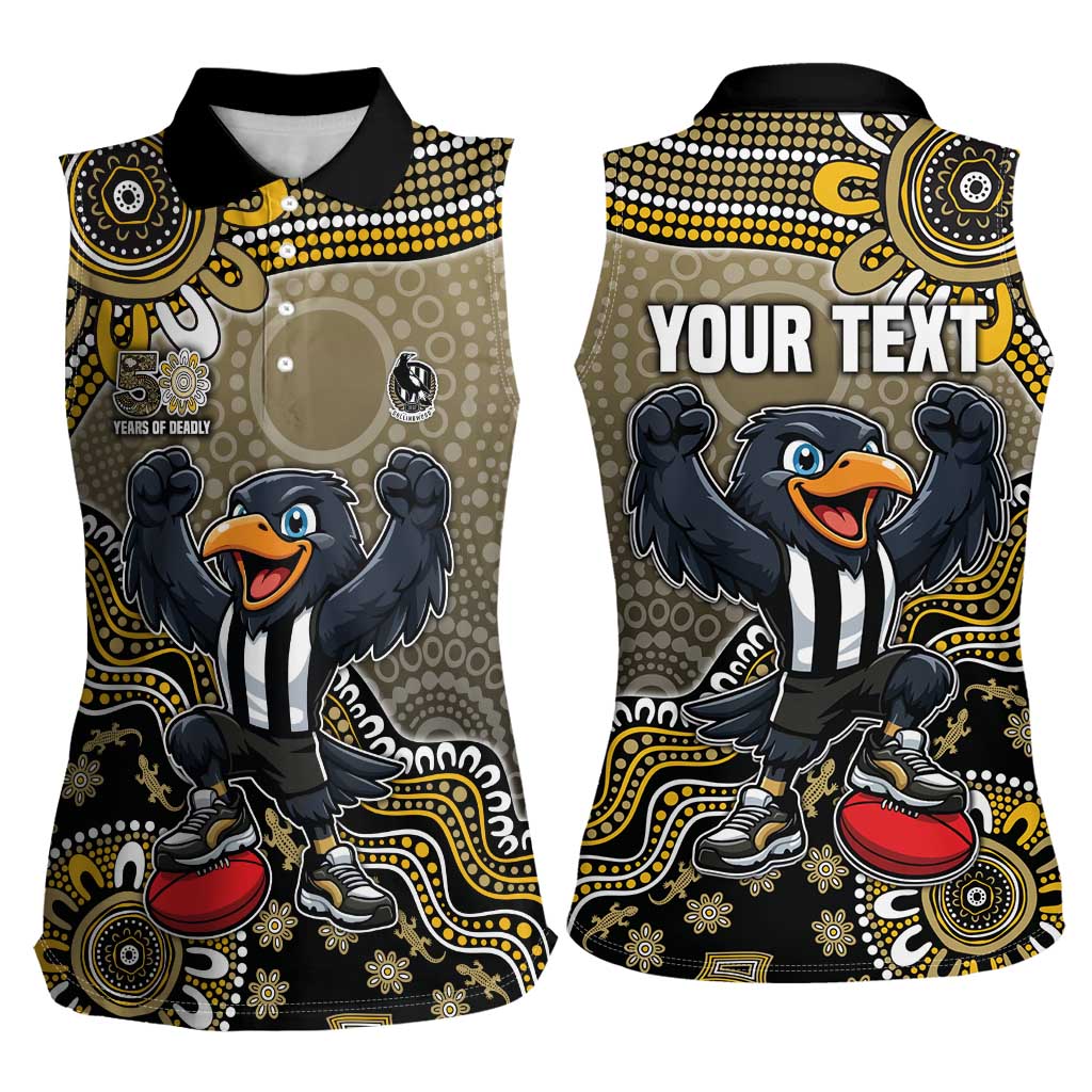Personalized Magpies Football Mascot Women Sleeveless Polo Shirt Aboriginal Dot Art Style Vibrant Indigenous Pattern Design