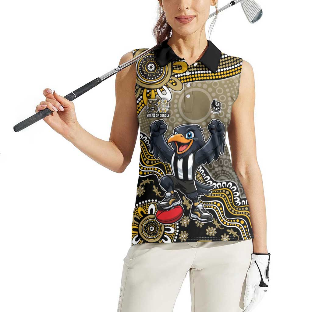 Personalized Magpies Football Mascot Women Sleeveless Polo Shirt Aboriginal Dot Art Style Vibrant Indigenous Pattern Design