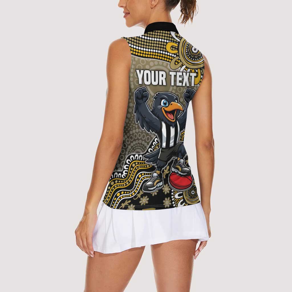 Personalized Magpies Football Mascot Women Sleeveless Polo Shirt Aboriginal Dot Art Style Vibrant Indigenous Pattern Design