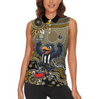 Personalized Magpies Football Mascot Women Sleeveless Polo Shirt Aboriginal Dot Art Style Vibrant Indigenous Pattern Design