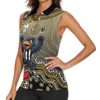 Personalized Magpies Football Mascot Women Sleeveless Polo Shirt Aboriginal Dot Art Style Vibrant Indigenous Pattern Design