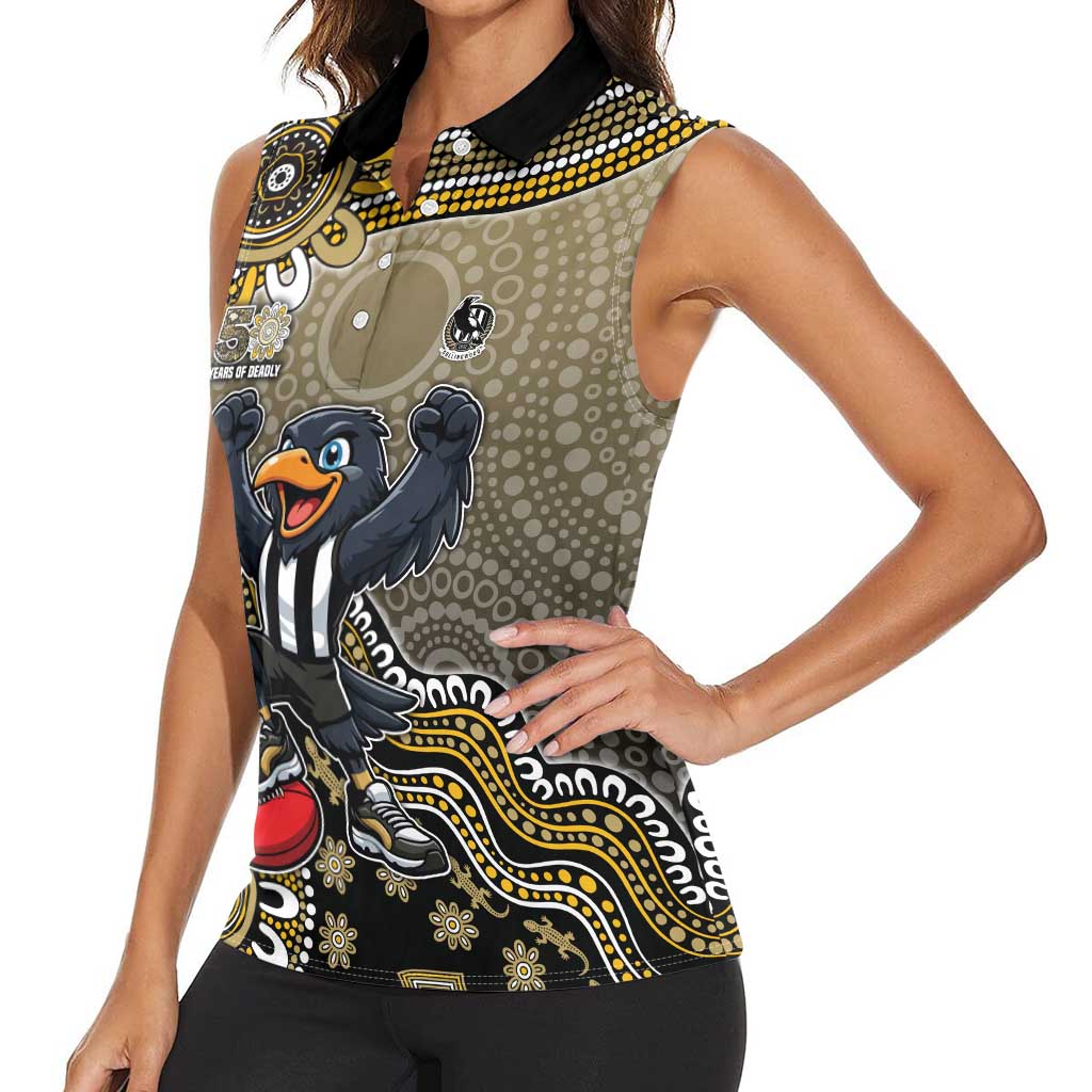 Personalized Magpies Football Mascot Women Sleeveless Polo Shirt Aboriginal Dot Art Style Vibrant Indigenous Pattern Design