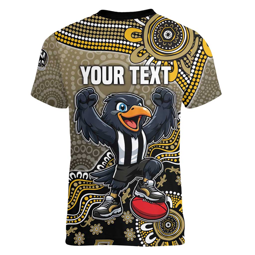Personalized Magpies Football Mascot Women V-Neck T-Shirt Aboriginal Dot Art Style Vibrant Indigenous Pattern Design