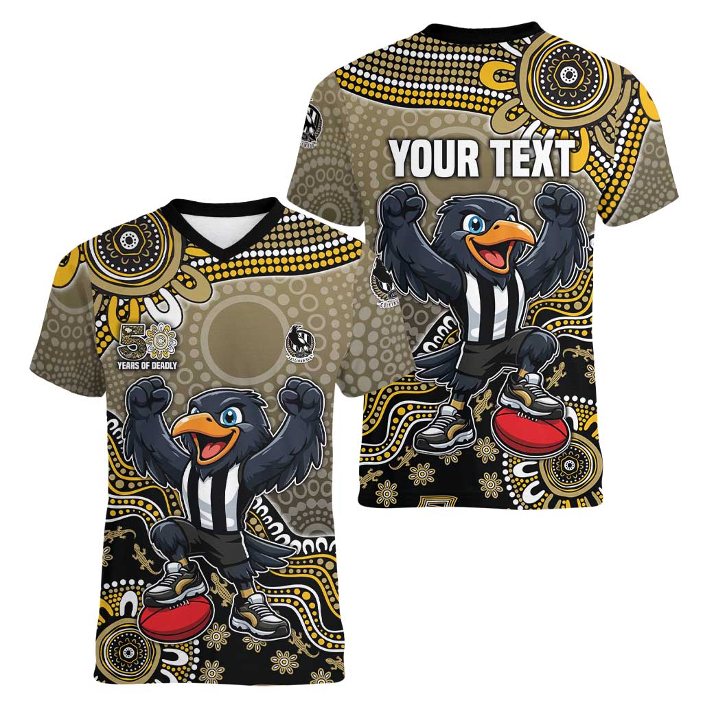Personalized Magpies Football Mascot Women V-Neck T-Shirt Aboriginal Dot Art Style Vibrant Indigenous Pattern Design