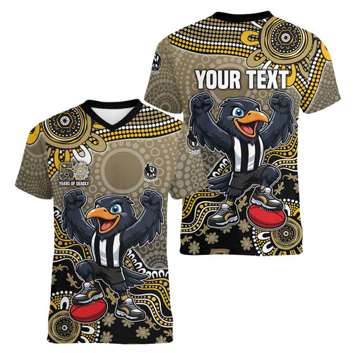 Personalized Magpies Football Mascot Women V-Neck T-Shirt Aboriginal Dot Art Style Vibrant Indigenous Pattern Design
