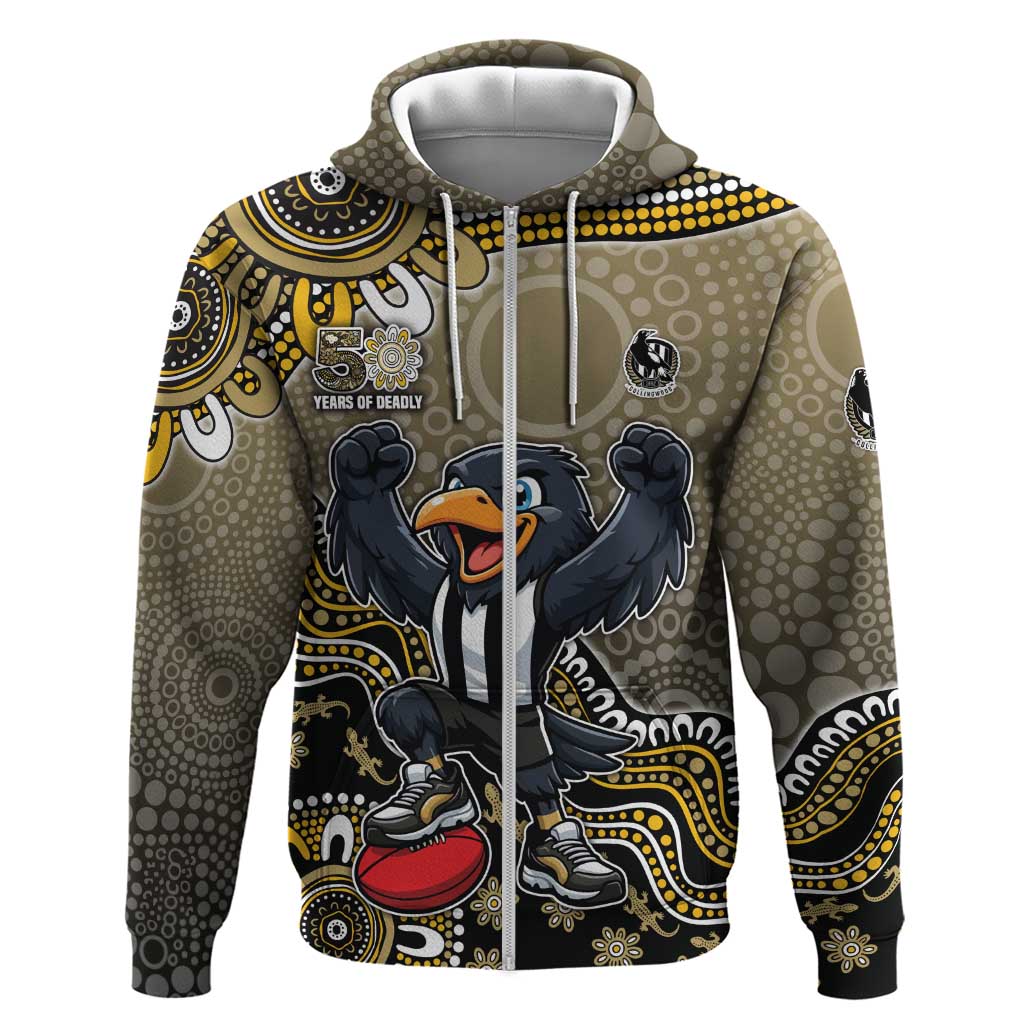 Personalized Magpies Football Mascot Zip Hoodie Aboriginal Dot Art Style Vibrant Indigenous Pattern Design