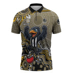 Personalized Magpies Football Mascot Zipper Polo Shirt Aboriginal Dot Art Style Vibrant Indigenous Pattern Design