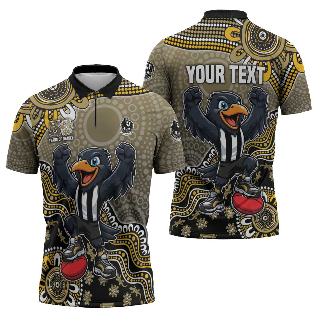 Personalized Magpies Football Mascot Zipper Polo Shirt Aboriginal Dot Art Style Vibrant Indigenous Pattern Design