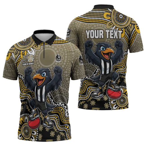 Personalized Magpies Football Mascot Zipper Polo Shirt Aboriginal Dot Art Style Vibrant Indigenous Pattern Design