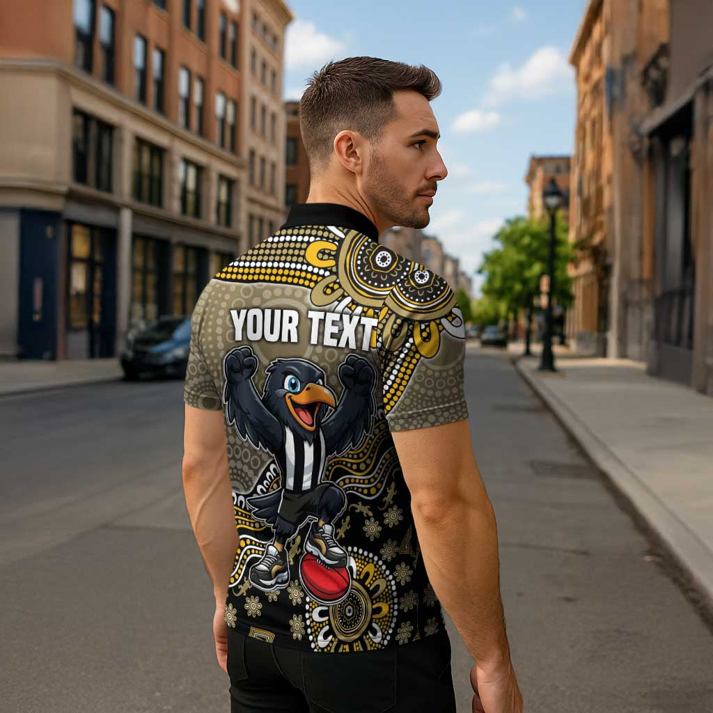 Personalized Magpies Football Mascot Zipper Polo Shirt Aboriginal Dot Art Style Vibrant Indigenous Pattern Design