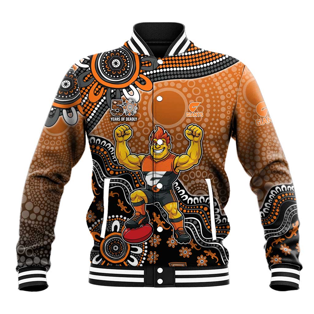 Personalized Giants Football Mascot Baseball Jacket Aboriginal Dot Art Style Vibrant Indigenous Pattern Design