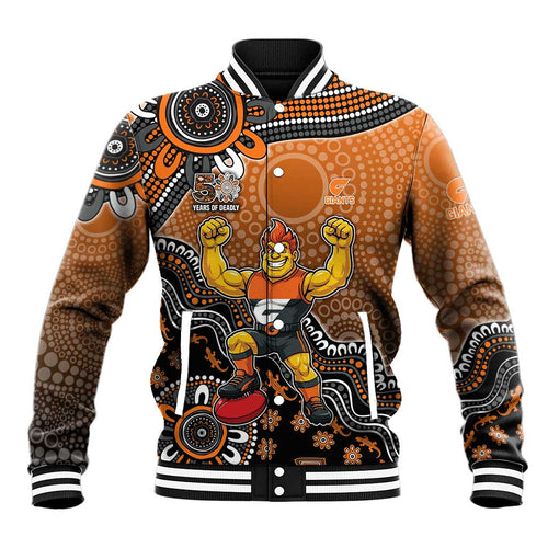 Personalized Giants Football Mascot Baseball Jacket Aboriginal Dot Art Style Vibrant Indigenous Pattern Design