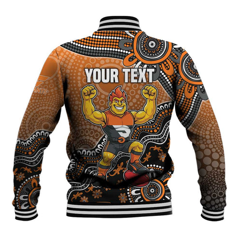 Personalized Giants Football Mascot Baseball Jacket Aboriginal Dot Art Style Vibrant Indigenous Pattern Design