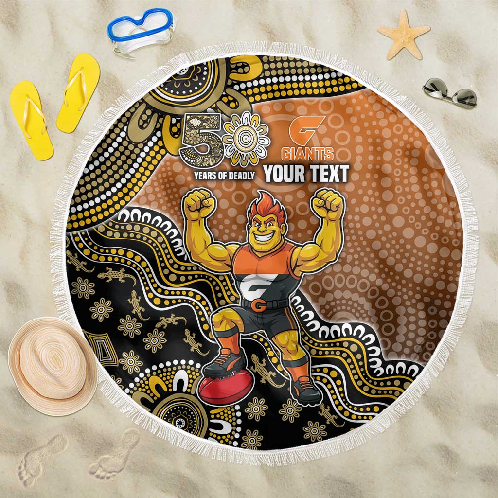 Personalized Giants Football Mascot Beach Blanket Aboriginal Dot Art Style Vibrant Indigenous Pattern Design