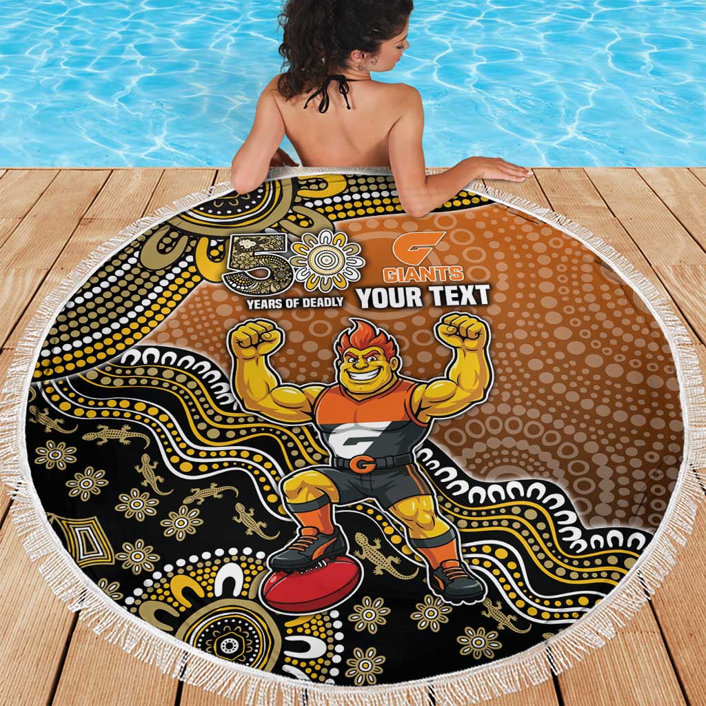 Personalized Giants Football Mascot Beach Blanket Aboriginal Dot Art Style Vibrant Indigenous Pattern Design